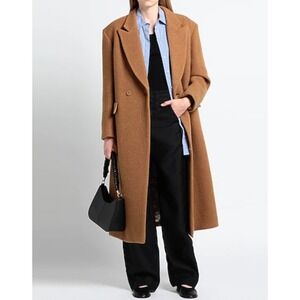 Sandro Straight Cut Brushed Wool Coat Double Breasted Long Camel Brown 36 S